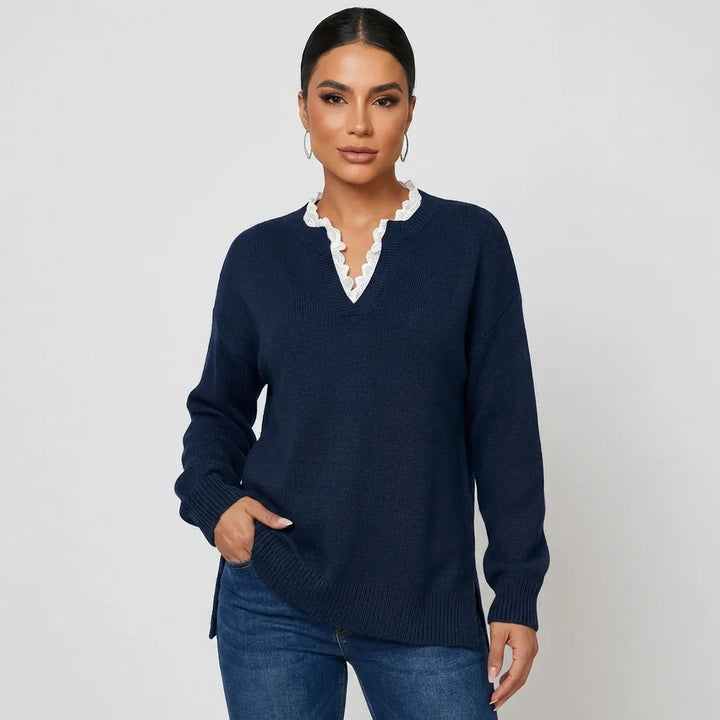 Céline | Chic Suéter de Punto con Elegante Cuello de Encaje