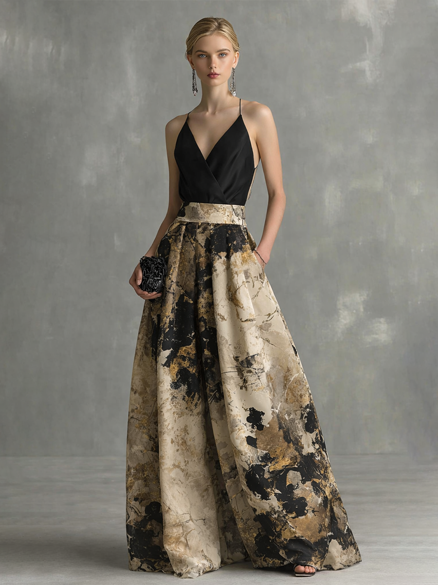 VESTIDO LARGO ELEGANTE CON ESTAMPADO ABSTRACTO, ESCOTE EN V Y TIRANTES