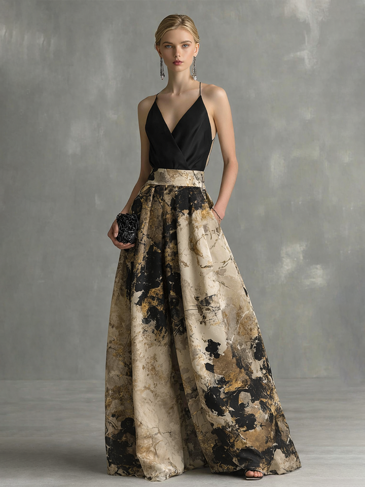 VESTIDO LARGO ELEGANTE CON ESTAMPADO ABSTRACTO, ESCOTE EN V Y TIRANTES
