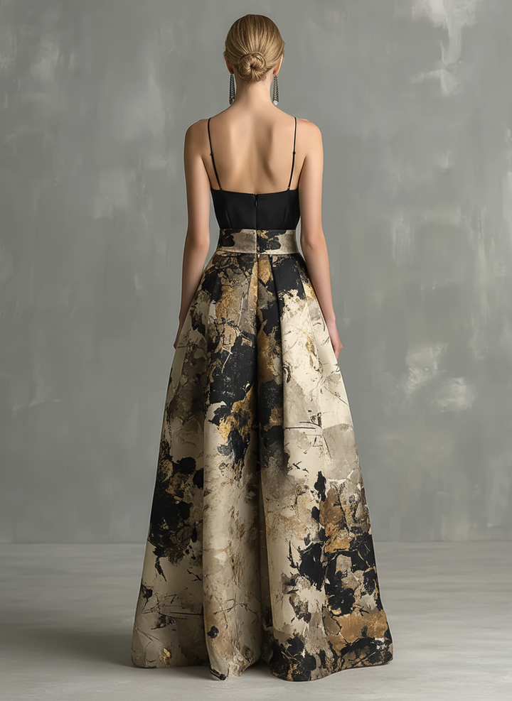 VESTIDO LARGO ELEGANTE CON ESTAMPADO ABSTRACTO, ESCOTE EN V Y TIRANTES