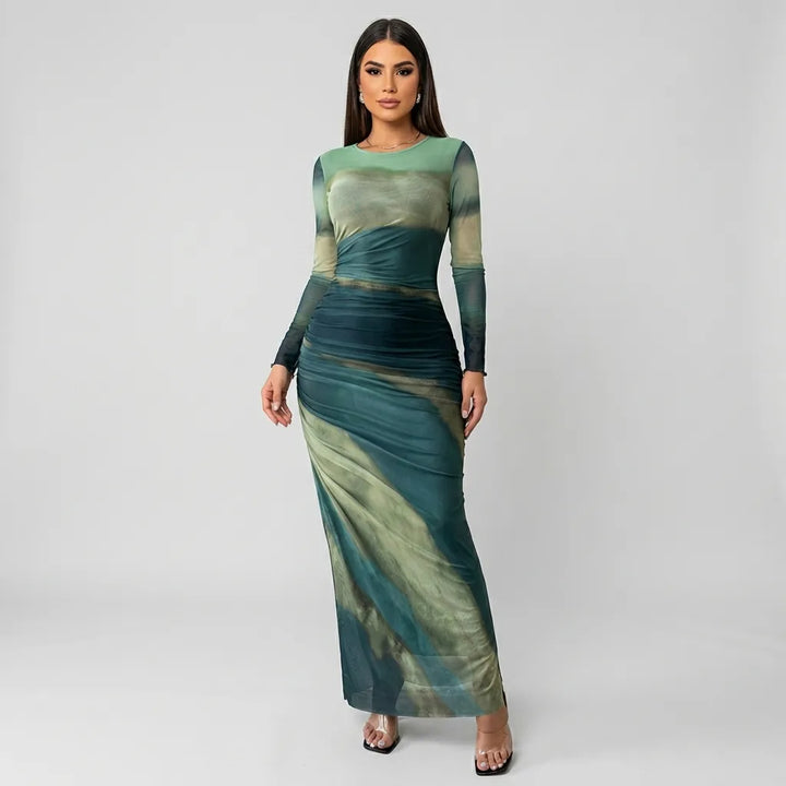 Natalia | Vestido Maxi Bodycon de Manga Larga Impreso y Cómodo