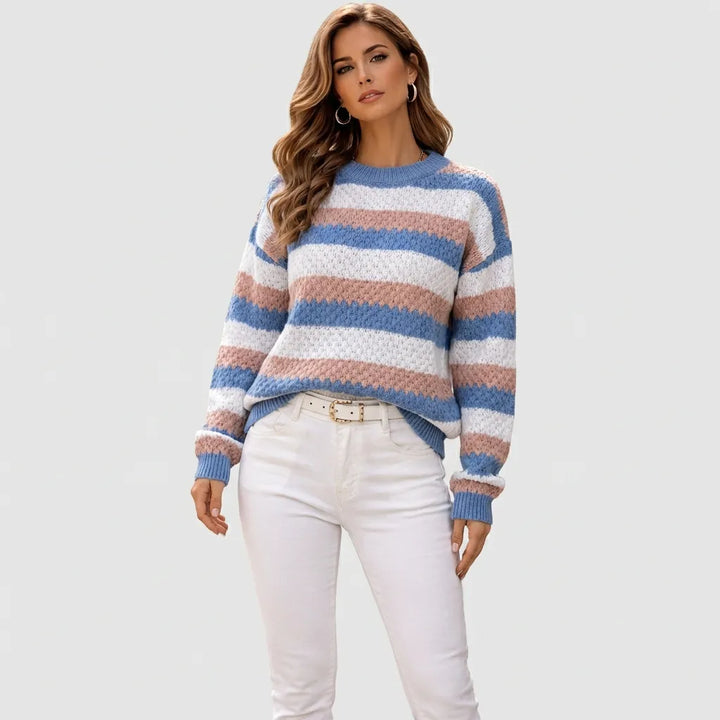 Kristen Jersey Oversized de Cuello Redondo a Rayas