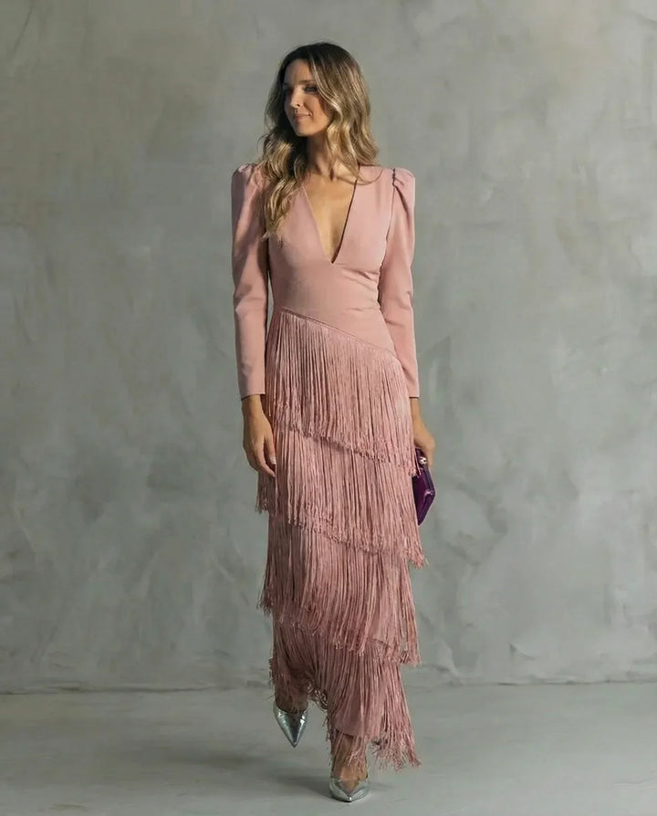 CLARA | VESTIDO ELEGANTE CON MANGAS DE FLECOS
