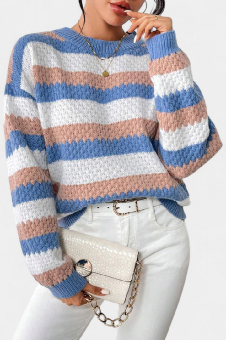 Kristen Jersey Oversized de Cuello Redondo a Rayas